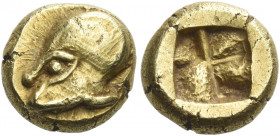 Phocaea 
Hecte circa 625-575, EL 2.57 g. Warrior’s head l., wearing Corinthian helmet; behind, [seal]. Rev. Square incuse punch with irregular stroke...