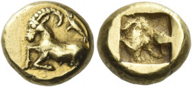 Phocaea
Hecte circa 625-575, EL 2.58 g. Ibex recumbent l.; above, seal. Rev. Rough incuse punch. Boston, MFA 1903 (these dies). Bodenstedt 19 a/α. Ve...
