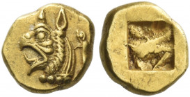 Phocaea 
Myshemihecte circa 625-522, EL 0.64 g. Griffin’s head l., with open jaws and tongue protruding; behind, seal. Rev. Irregular bipartite incus...