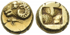 Phocaea 
Myshemihecte circa 500, EL 0.67 g. Ram’s head l.; below, seal l. Rev. Quadripartite incuse square. Bodenstedt 20 a/α. Extremely rare. Good e...