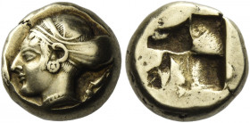 Phocaea 
Hecte circa 478-387, EL 2.55 g. Female head l., hair caught up in sphendone, wearing disk earring and dotted necklace; behind, seal downward...