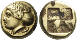 Phocaea 
Hecte circa 387-326, EL 2.53 g. Laureate female head l., hair in sakkos; below, inverted seal r. Rev. Quadripartite incuse square. Bodensted...