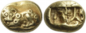 Asia Minor, Uncertain mint 
Hecte circa 600-550, EL 2.33 g. Panther reclining l., head facing. Rev. Bipartite incuse square. cf. Aufhäuser sale 10, 1...