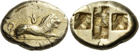Asia Minor, Uncertain mint 
Stater circa 500-480, EL 14.05 g. Lion lying down r.; above, lotus flower. Rev. A rectangular incuse with rough surface b...