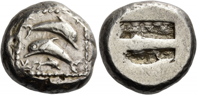Islands off Caria, Carpathos 
Stater circa 500-480, AR 13.90 g. Two dolphins le...