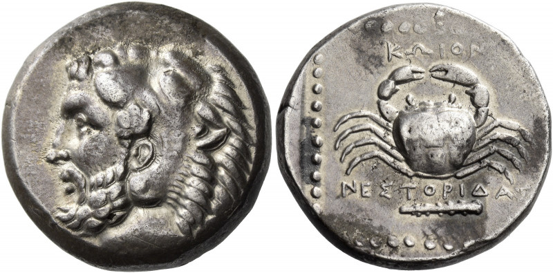 Cos 
Tetradrachm, magistrate Nestoridas circa 350-345, AR 15.11 g. Head of Hera...