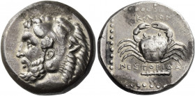 Cos 
Tetradrachm, magistrate Nestoridas circa 350-345, AR 15.11 g. Head of Heracles l., wearing lion's skin headdress. Rev. ΚΩION Crab; beneath, NEΣT...