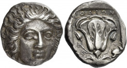 Rhodes 
Tetradrachm circa 380, AR 15.16 g. Head of Helios facing three-quarters r. Rev. ΡΟΔ – ΙΟΝ Rose with buds; in l. field, [A] and in r. field, C...