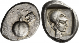 Pamphylia, Side
Stater circa 460-430, AR 10.80 g. Pomegranate; to upper r. field, forepart of lion l. Rev. Head of Athena r., wearing crested Corinth...