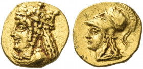 Salamis, Nicocles 373 – 361. 
1/12 Stater circa 373-361, AV 0.69 g. Draped bust of Aphrodite l., wearing decorated calathos. Rev. Head of Athena l., ...