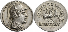 Eucratides I, circa 171 – 145
Tetradrachm, Balkh circa 171-145, AR 16.92 g. Draped bust of Eucratides r., wearing horned helmet; all within bead and ...