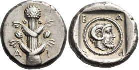 Cyrenaica, Barce 
Tetradrachm circa 465, AR 17.18 g. Silphium plant; in lower field, A – I. Rev. B – A – P – K Head of Zeus Ammon r., within dotted c...
