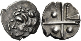 South Western Gaul. The Cadurci 
Drachm circa 200-118, AR 3.58 g. Head l. of Armorican style with flamboyant hair. Rev. Cross with pellets in three q...