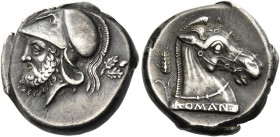 Didrachm, Neapolis circa 310-300, AR 7.42 g. Helmeted head of bearded Mars l.; behind, oak-spray. Rev. Horse's head r. on base inscribed ROMANO; behin...