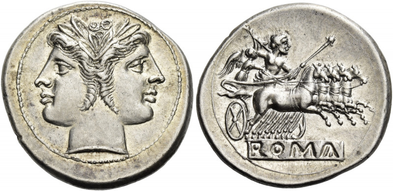 Quadrigatus circa 225-214, AR 6.66 g. Laureate Janiform head of the Dioscuri. Re...