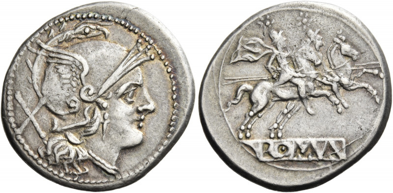 Denarius circa 214-213, AR 4.39 g. Helmeted head of Roma r.; behind, X. Rev. The...