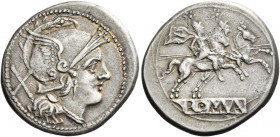 Denarius circa 214-213, AR 4.39 g. Helmeted head of Roma r.; behind, X. Rev. The Dioscuri galloping r.; in exergue, ROMA partially incuse on raised ta...