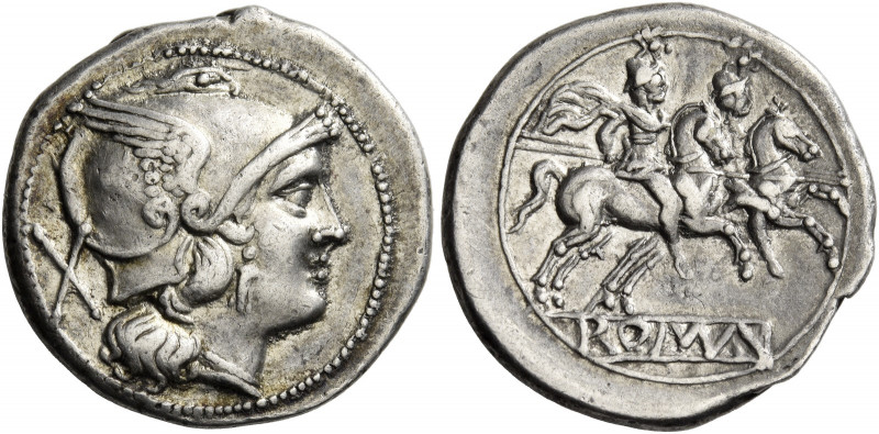 Denarius circa 214-213, AR 4.66 g. Helmeted head of Roma r.; behind, X. Rev. The...