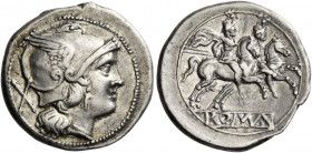 Denarius circa 214-213, AR 4.66 g. Helmeted head of Roma r.; behind, X. Rev. The Dioscuri galloping r.; in exergue, ROMA partially incuse on raised ta...