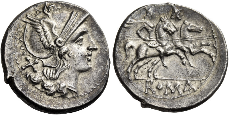 Denarius after 211, AR 4.18 g. Helmeted head of Roma r.; behind, X. Rev. The Dio...