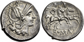 Denarius after 211, AR 4.18 g. Helmeted head of Roma r.; behind, X. Rev. The Dioscuri galloping r.; below, ROMA in linear frame. Sydenham 229. RBW 194...