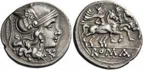 Denarius, Sicily circa 209-208, AR 4.14 g. Helmeted head of Roma r., with loop beneath visor; behind head, branch and below chin, X. Rev. The Dioscuri...