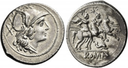 Denarius, Sicily (?) circa 209-208, AR 4.35 g. Helmeted head of Roma r.; behind, X. Rev. The Dioscuri galloping r.; below, dolphin to r. and ROMA in l...