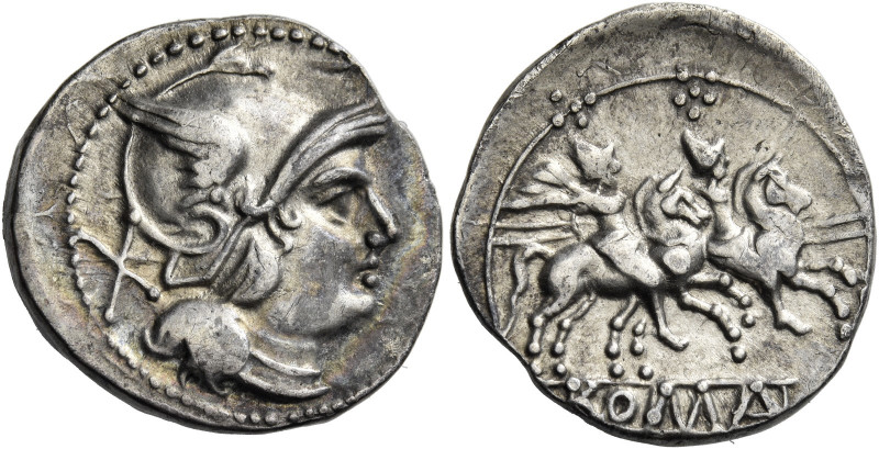 Denarius, Central Italy circa 209-208, AR 4.32 g. Helmeted head of Roma r.; behi...