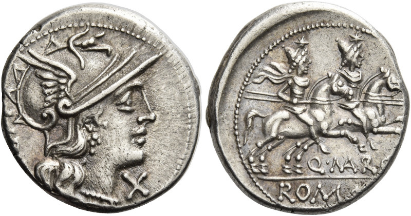 Q. Marcius Libo. Denarius 148, AR 4.16 g. Helmeted head of Roma r., behind, [LIB...