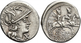 Q. Marcius Libo. Denarius 148, AR 4.16 g. Helmeted head of Roma r., behind, [LIBO] and below chin, X. Rev. The Dioscuri galloping r.; below horses, Q·...