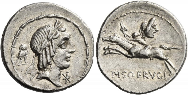 L. Piso Frugi. Denarius 90, AR 3.99 g. Laureate head of Apollo r.; below chin, *...