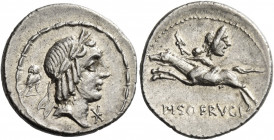 L. Piso Frugi. Denarius 90, AR 3.99 g. Laureate head of Apollo r.; below chin, * and behind, owl. Rev. Horseman galloping l., holding torch in upraise...