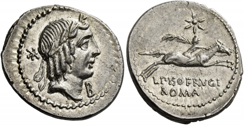L. Piso Frugi. Denarius 90, AR 3.95 g. Laureate head of Apollo r.; below chin, B...
