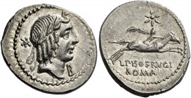 L. Piso Frugi. Denarius 90, AR 3.95 g. Laureate head of Apollo r.; below chin, B and behind, *. Rev. Horseman galloping r., holding palm in upraised r...