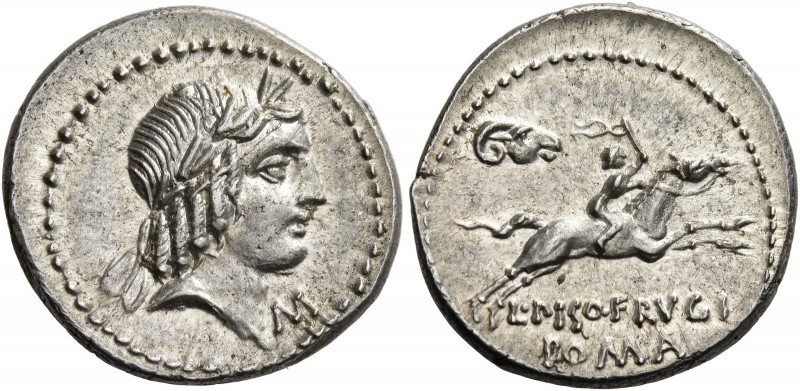 L. Piso Frugi. Denarius 90, AR 4.00 g. Laureate head of Apollo r.; below M. Rev....