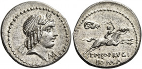 L. Piso Frugi. Denarius 90, AR 4.00 g. Laureate head of Apollo r.; below M. Rev. Horseman galloping r., holding torch in upraised r. hand; above, ram’...