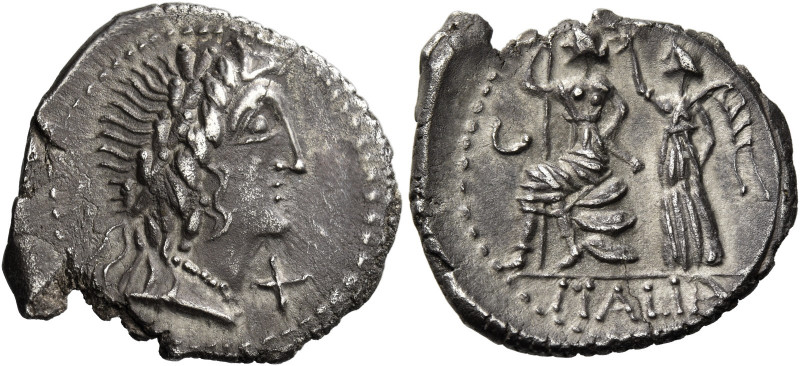 The Bellum Sociale. Denarius, Corfinium circa 89, AR 3.85 g. Laureate head of It...