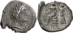 The Bellum Sociale. Denarius, Corfinium circa 89, AR 3.85 g. Laureate head of Italia r.; before, X. Rev. Italia seated l. on pile of shields, holding ...