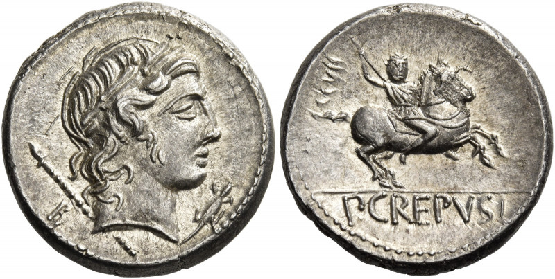 P. Crepusius. Denarius 82, AR 3.97 g. Laureate head of Apollo r., sceptre over f...