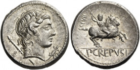 P. Crepusius. Denarius 82, AR 3.97 g. Laureate head of Apollo r., sceptre over far shoulder. Behind head, B and below chin, lizard. Rev. Horseman r., ...