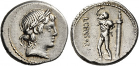 L. Marcius Censorinus. Denarius 82, AR 3.89 g. Laureate head of Apollo r. Rev. L·CENSOR Marsyas walking l. with r. arm raised and holding wine-skin ov...