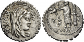 A. Postumius Albinus. Denarius serratus 81, AR 3.98 g. HISPAN Veiled head of Hispania r. Rev. A – POST·A·F – ·S·N – ALBIN Togate figure standing l., r...