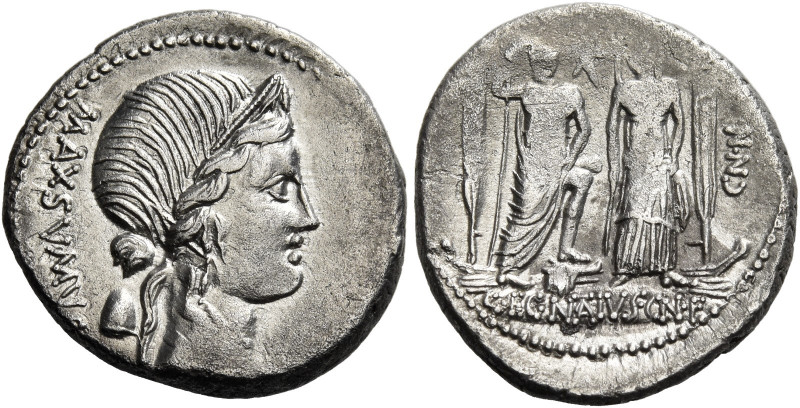 C. Egnatius Cn. f. Cn. n. Maxumus. Denarius 75, AR 3.76 g. MAXSVMVS Laureate and...