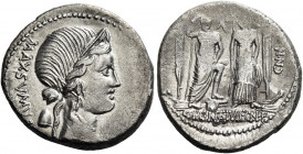 C. Egnatius Cn. f. Cn. n. Maxumus. Denarius 75, AR 3.76 g. MAXSVMVS Laureate and diademed bust of Libertas r.; behind, pileus. Rev. [V] – CNN Roma and...