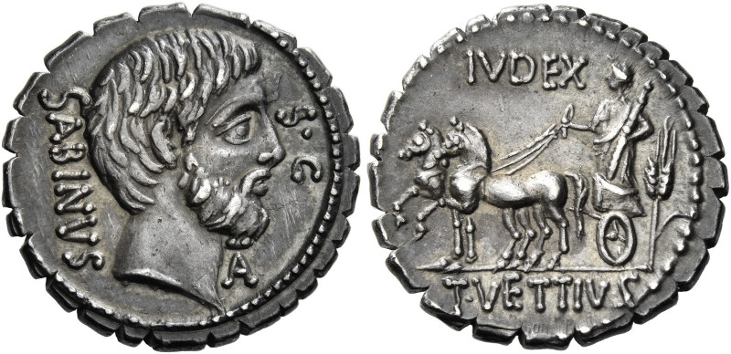 T. Vettius Sabinus. Denarius serratus 70, AR 3.95 g. Bearded head of King Tatius...