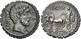 T. Vettius Sabinus. Denarius serratus 70, AR 3.95 g. Bearded head of King Tatius r.; below chin, TA ligate and behind, SABINVS. In r. field, S·C. Rev....