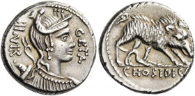 C. Hosidius C.f. Geta. Denarius 68, AR 3.92 g. III·VIR – GETA Diademed and draped bust of Diana r., with bow and quiver over shoulder. Rev. Boar r. at...