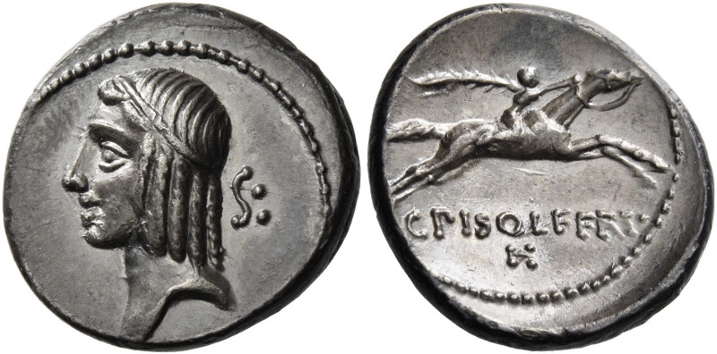 C. Calpurnius L.f. Frugi. Denarius 67, AR 3.95 g. Head of Apollo l., hair bound ...