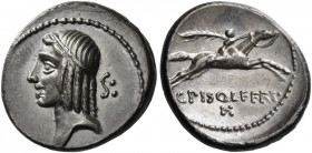 C. Calpurnius L.f. Frugi. Denarius 67, AR 3.95 g. Head of Apollo l., hair bound with fillet; behind, S:. Rev. Horseman galloping r.; below, C·PISO·L·F...