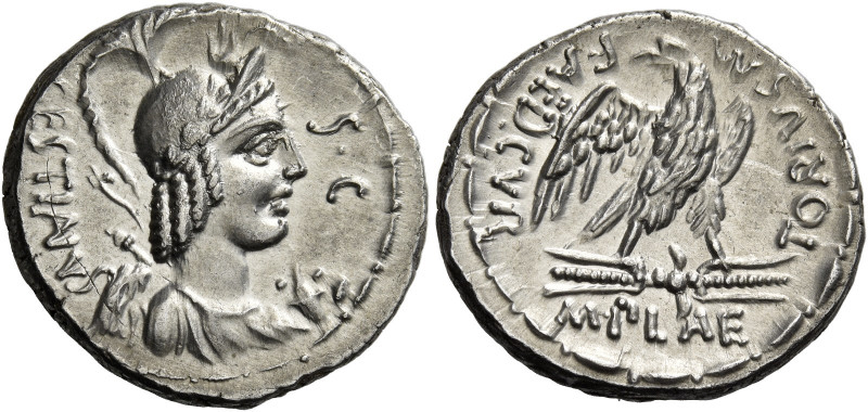 M. Plaetorius M.f. Caestianus. Denarius 67, AR 3.90 g. Bust r. with the attribut...